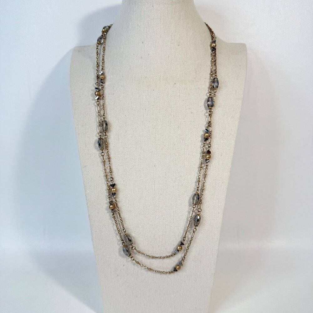 Long Faceted Glass Bead Station Necklace Gold Tone Layering Piece - Picture 2 of 9